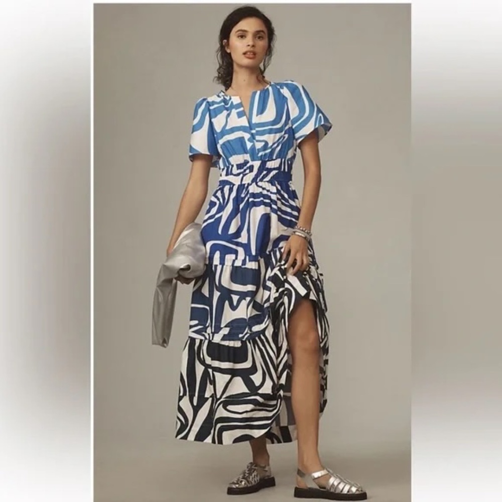 Anthropologie Somerset Maxi Dress, blue & white, size L, EUC